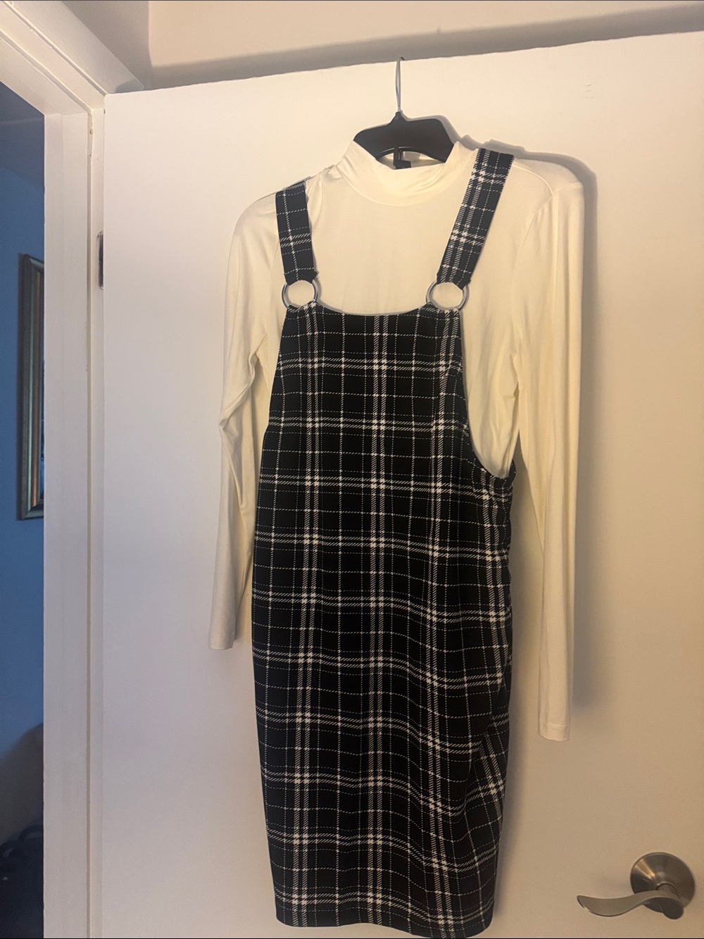 Black and White Plaid Pinafore Midi Dress with Ring Straps